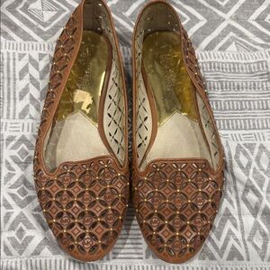 Michael Kors Cognac Laser-Cut Leather Slip-On Flats